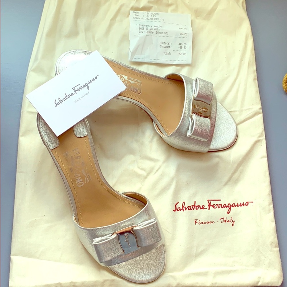 Ferragamo bowed silver slides